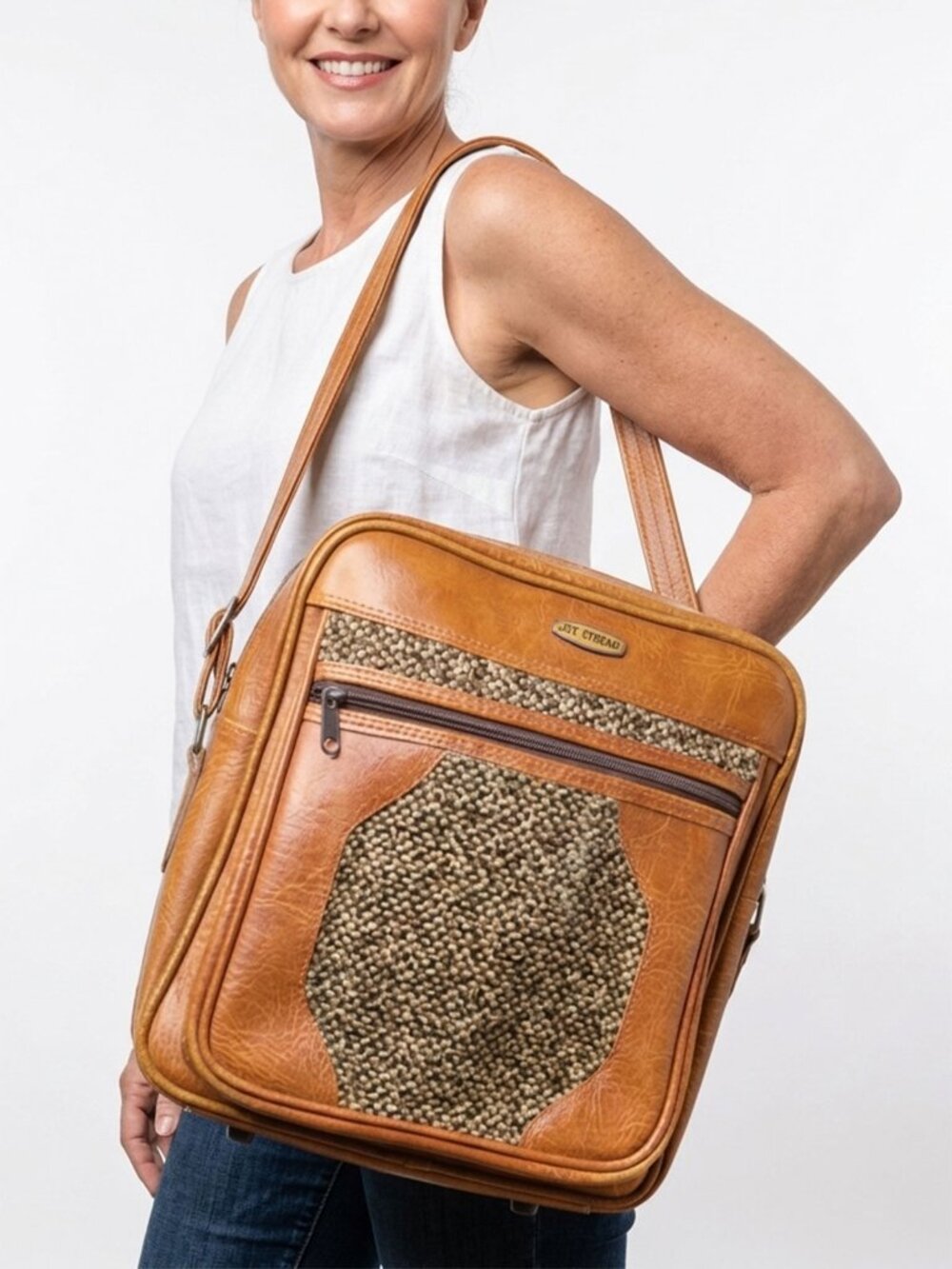 Vintage Jet Stream Faux Leather Flight Bag Brown Tweed Travel 70s Retro Luggage